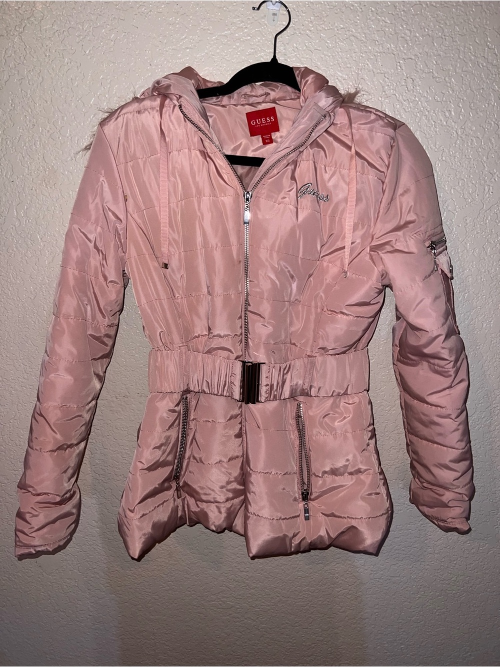 GUESS Light Pink Quilted Belted Hooded Puffer Jacket